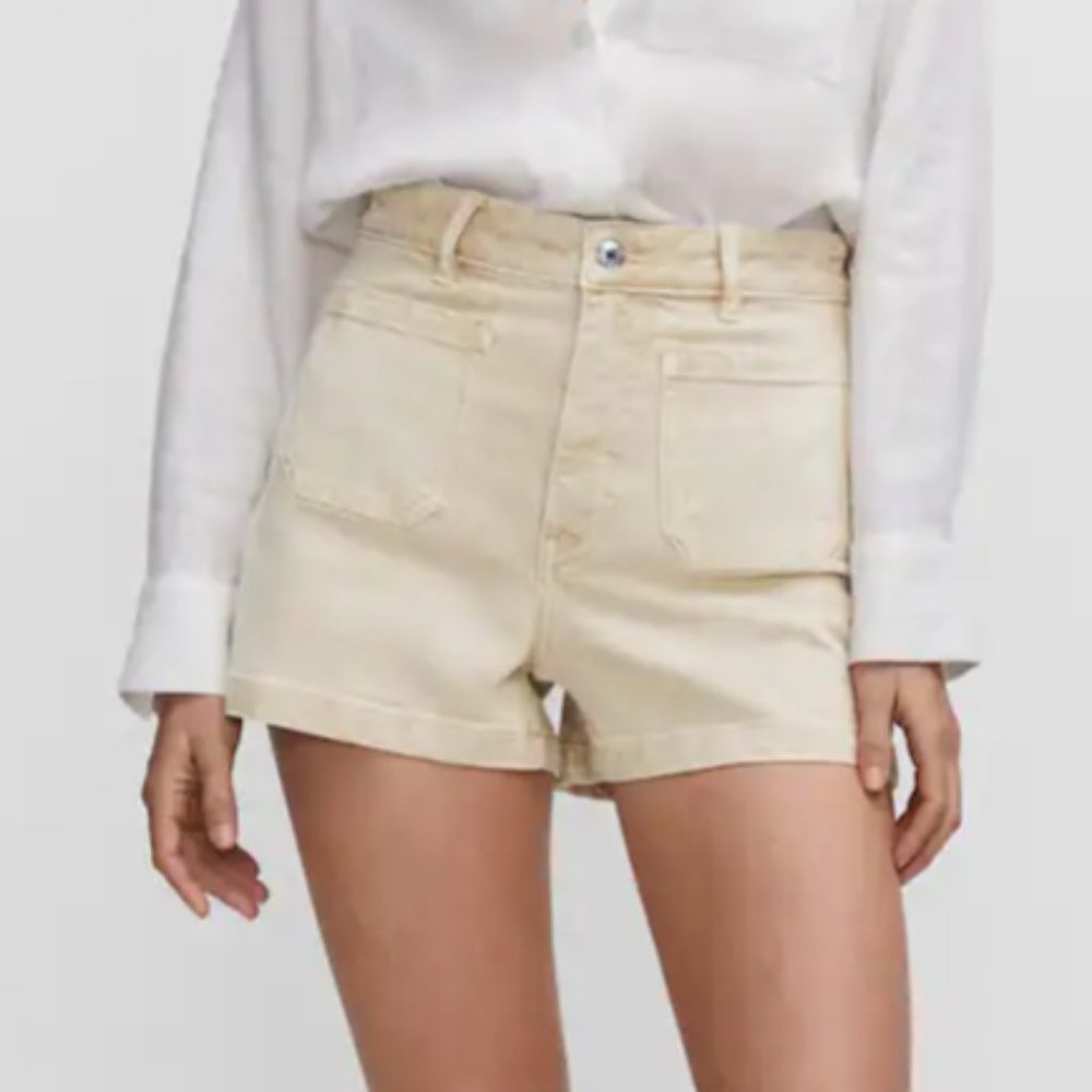 NWT MANGO Denim Shorts Patch Pocket Cream High Waist 4